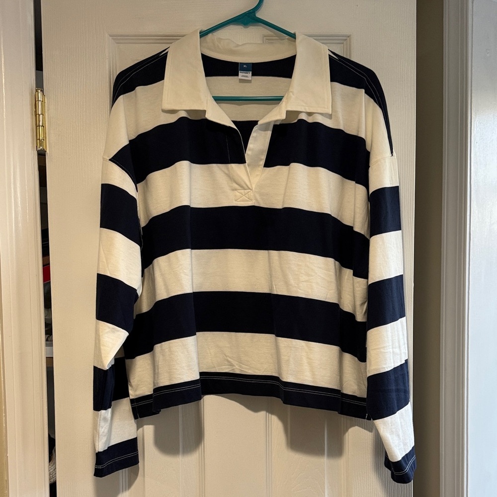 Old Navy Navy and White Striped Rugby Shirt